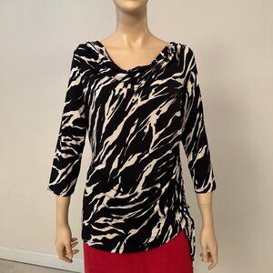 DANA BUCHMAN, 3/4 Sleeve, Black White Ruched, Cowl Neck Shirt, Size Medium